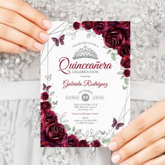 Burgundy Watercolor Floral Quinceanera Invitation (Creator Uploaded)