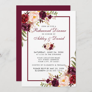 Burgundy Watercolor Floral Rehearsal Dinner Invitation