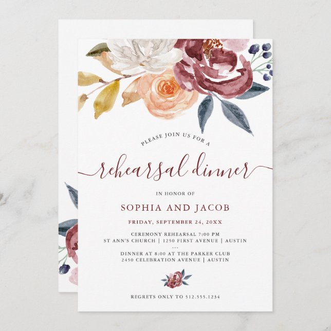 Burgundy Watercolor Floral | Rehearsal Dinner Invitation (Front/Back)