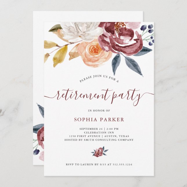 Burgundy Watercolor Floral | Retirement Party Invitation (Front/Back)