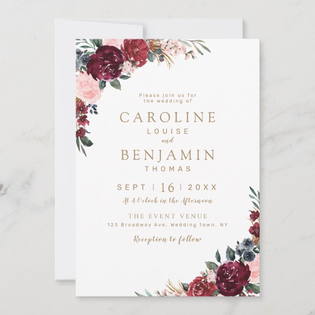 Burgundy watercolor floral rustic boho wedding invitation (Front)