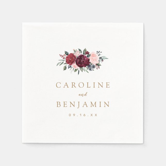 Burgundy watercolor floral rustic boho wedding napkin (Front)