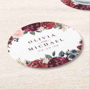 Burgundy watercolor floral rustic boho wedding round paper coaster