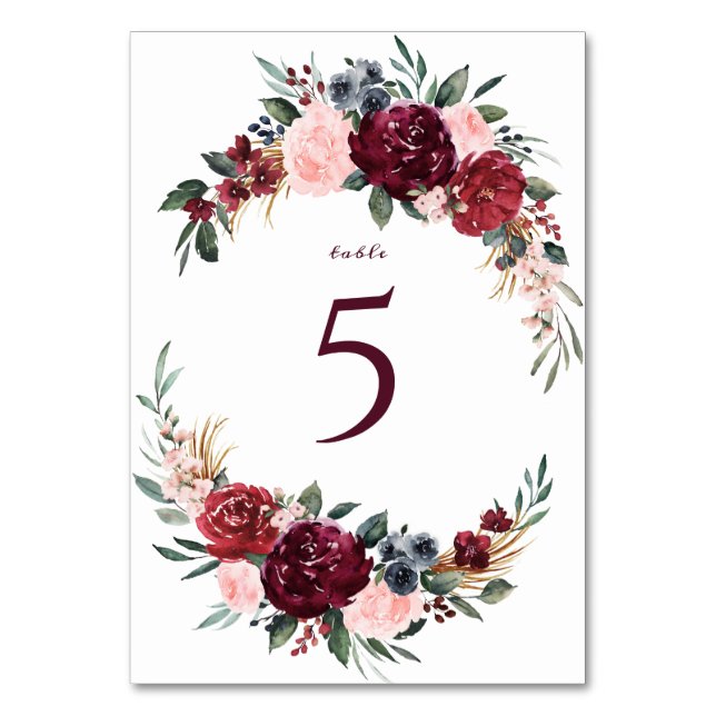 Burgundy watercolor floral rustic boho wedding table number (Front)