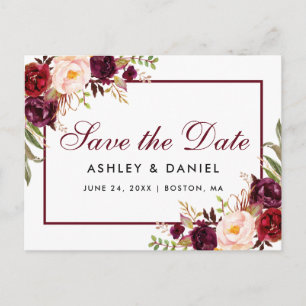 Burgundy Watercolor Floral Save the Date Announcement Postcard