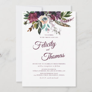 Burgundy Watercolor Floral Spray White Wedding Invitation