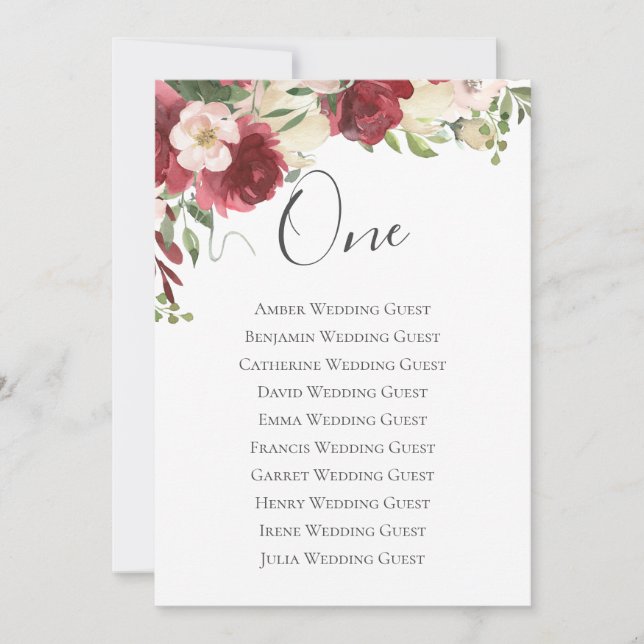 Burgundy Watercolor Floral Table One Seating Card (Front)