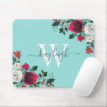 Burgundy Watercolor Floral Turquoise Monogrammed Mouse Pad<br><div class="desc">Burgundy watercolor botanical peony rose floral on turquoise personalised monogrammed Mouse Pad. Burgundy, marsala, white watercolor peony roses, botanical floral design with dark green leaves and berries on light blue, aqua, or turquoise background. Feature an elegant swirly handwritten typography design with your name, monogram and pretty burgundy, white peony roses...</div>