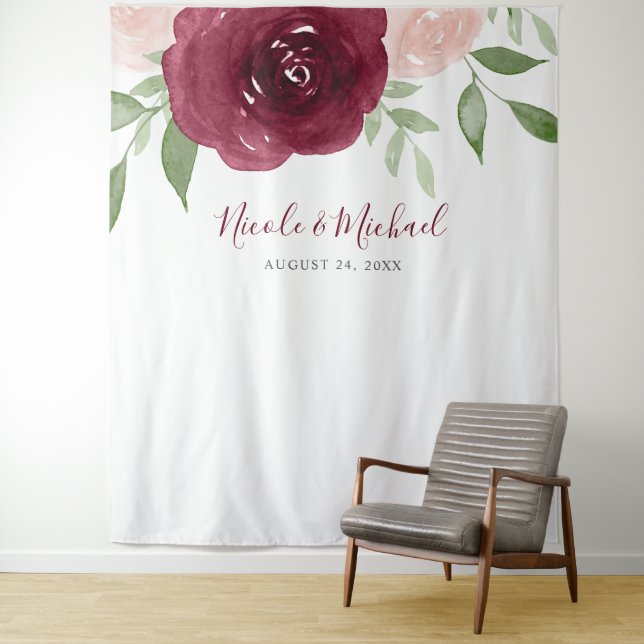 Burgundy Watercolor Floral Wedding Backdrop Tapestry (In Situ)