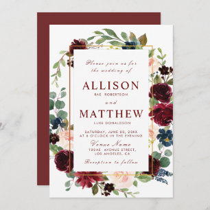 burgundy watercolor floral wedding invitation