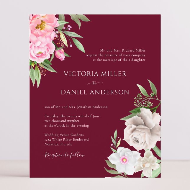 Burgundy Watercolor Floral Wedding Invitation (Creator Uploaded)