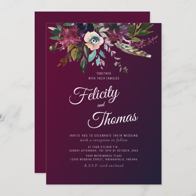 Burgundy Watercolor Floral Wedding Invitation (Front/Back)
