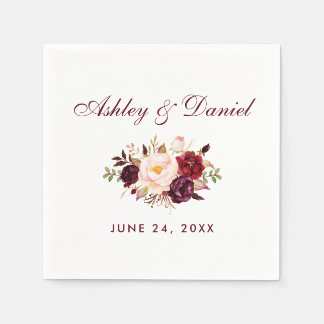 Burgundy Watercolor Floral Wedding Napkin (Front)