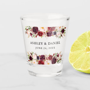 Burgundy Watercolor Floral Wedding Shot Glass
