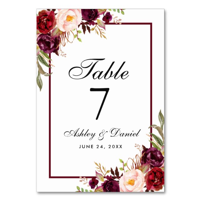 Burgundy Watercolor Floral Wedding Table Number (Front)