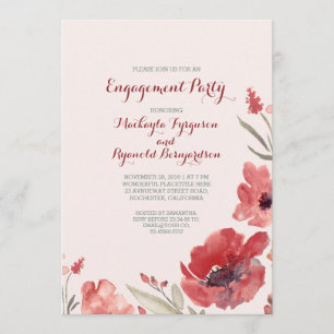 Burgundy Watercolor Florals Cute Engagement Party Invitation