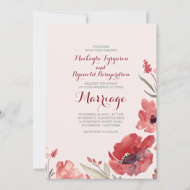 Burgundy Watercolor Florals Cute Wedding Invites (Front)
