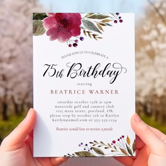 Burgundy Watercolor Flowers 75th Birthday Invitation (Creator Uploaded)
