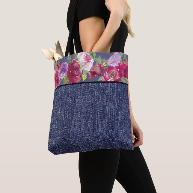Burgundy watercolor flowers and denim tote bag (Close Up)