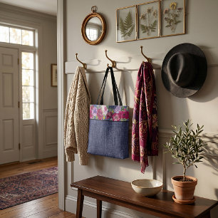 Burgundy watercolor flowers and denim tote bag