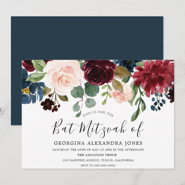 Burgundy Watercolor Flowers Bat Mizvah Invitation (Front/Back)