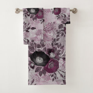 Burgundy watercolor flowers.  bath towel set