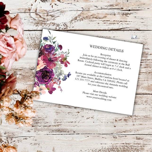 Burgundy Watercolor Flowers Boho  Wedding Details Enclosure Card (Creator Uploaded)