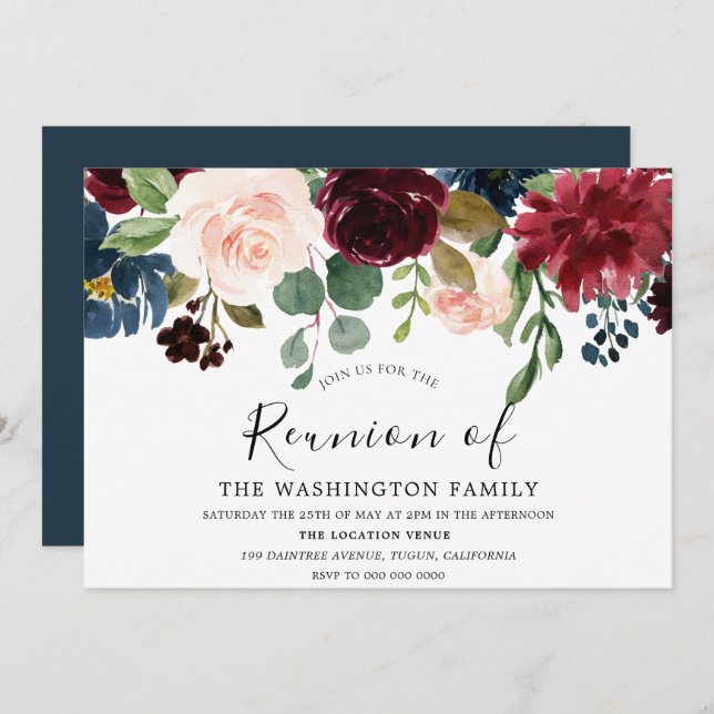 Burgundy Watercolor Flowers Family Reunion Invite (Front/Back)