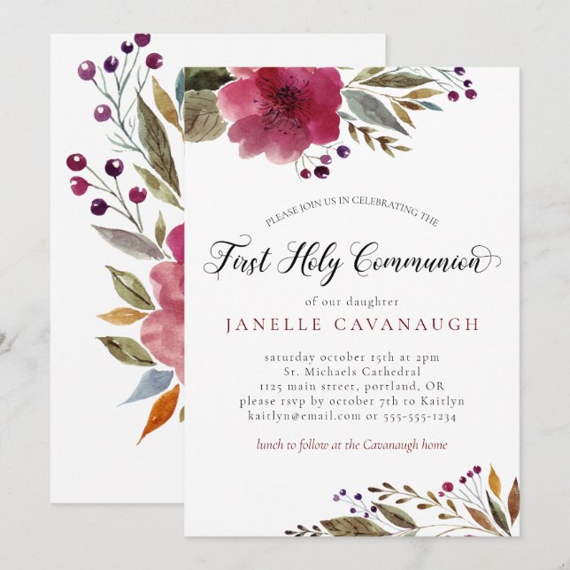 Burgundy Watercolor Flowers First Holy Communion Invitation (Front/Back)