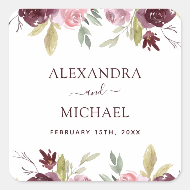 Burgundy Watercolor Flowers Floral Wedding Seal (Front)