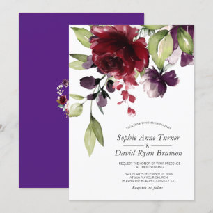 Burgundy Watercolor Flowers Royal Purple Wedding Invitation