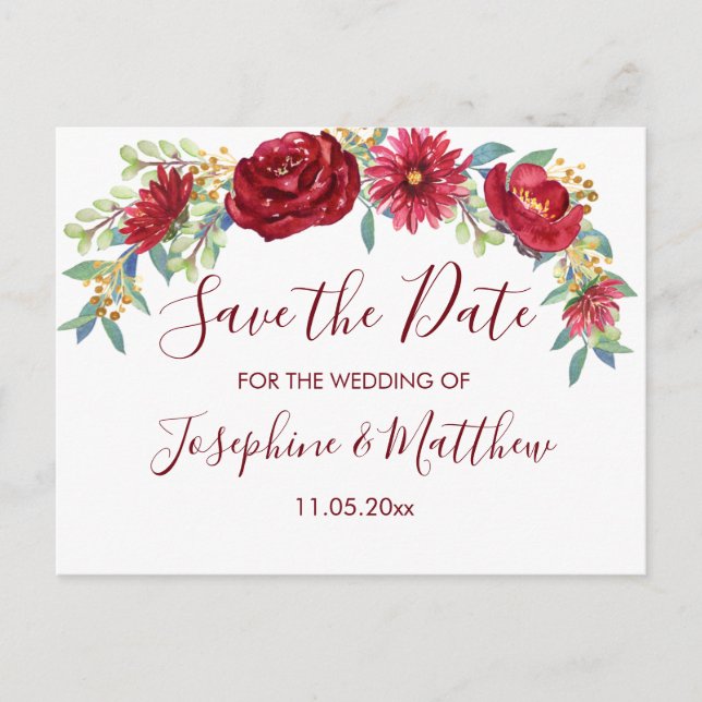 Burgundy Watercolor Flowers Save the Date Announcement Postcard (Front)