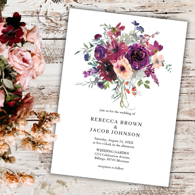 Burgundy Watercolor Flowers Simple Rustic Wedding  Invitation (Creator Uploaded)