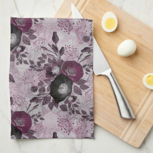 Burgundy watercolor flowers. tea towel