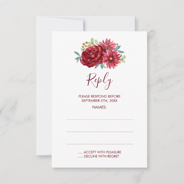 Burgundy Watercolor Flowers Wedding Reply Cards (Front)