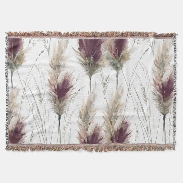 Burgundy Watercolor Fluffy Grasses Throw Blanket (Front)