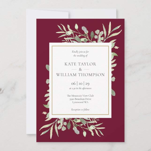Burgundy Watercolor Greenery Foliage Wedding Invitation (Front)
