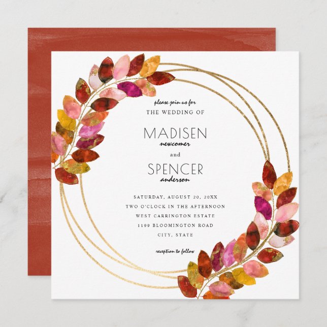 Burgundy Watercolor Leaves Gold Wedding Invitation (Front/Back)