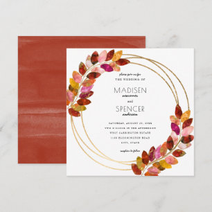 Burgundy Watercolor Leaves Gold Wedding Invitation