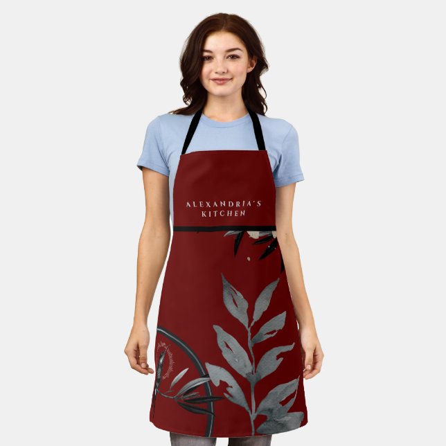 Burgundy Watercolor Leaves + Your Name Kitchen Apron (Worn)