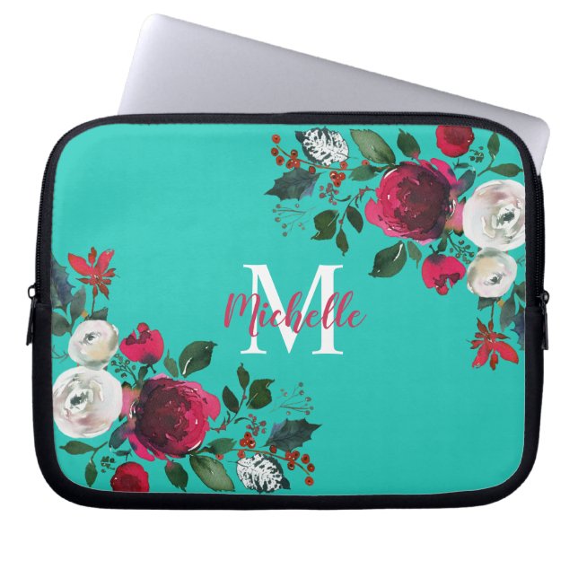 Burgundy Watercolor Peony Rose Floral  Monogrammed Laptop Sleeve (Front)