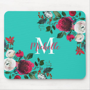 Burgundy Watercolor Peony Rose Floral Monogrammed Mouse Pad