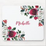 Burgundy Watercolor Peony Rose Floral  Name Mouse Pad<br><div class="desc">Burgundy watercolor botanical peony rose floral girly Mouse Pad. Burgundy, marsala, white watercolor peony roses, botanical floral chich design with dark green leaves and berries on white background. Feature an elegant handwritten typography design with your name and pretty fall, winter burgundy peony roses bouquet. Perfect choise for fall or winter...</div>