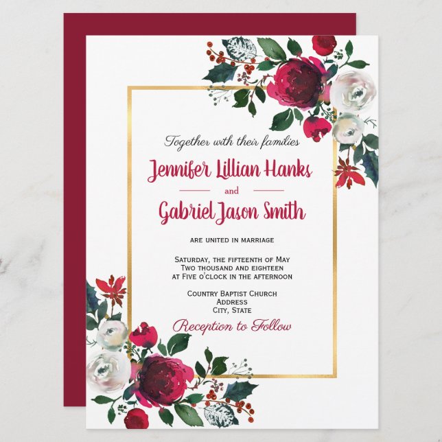 Burgundy watercolor rose floral gold frame wedding invitation (Front/Back)