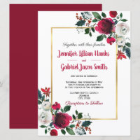 Burgundy watercolor rose floral gold frame wedding