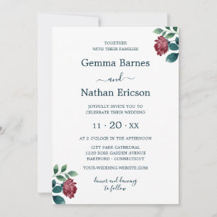 Burgundy Watercolor Roses Romantic Teal Wedding Invitation