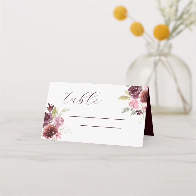 Burgundy Watercolor Wedding Floral Place Card (Front)