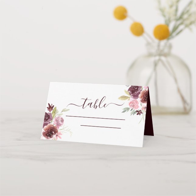 Burgundy Watercolor Wedding Floral Place Card (Front)