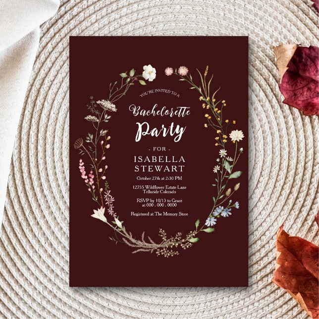 Burgundy Watercolor Wildflower Bachelorette Party Invitation (Creator Uploaded)