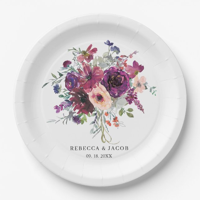 Burgundy Watercolor Wildflowers Boho Wedding Paper Plate (Front)